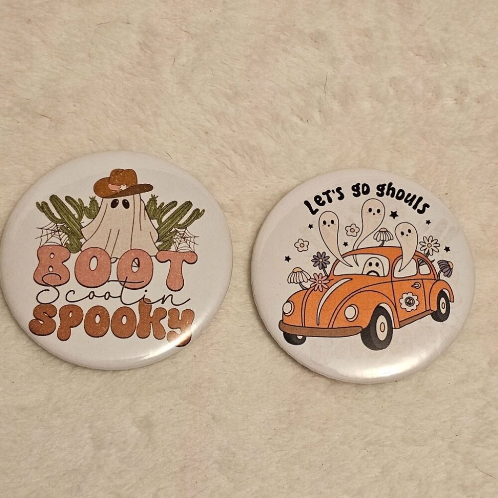 Country Music Goth Ghost Halloween Handmade Beautiful Beacons 2" Pin Set